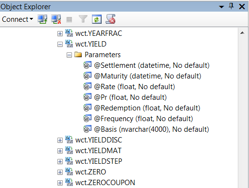 SQL Server Object Explorer window with parameters on the right.