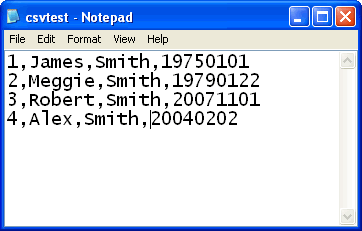 Notepad with CSV text.