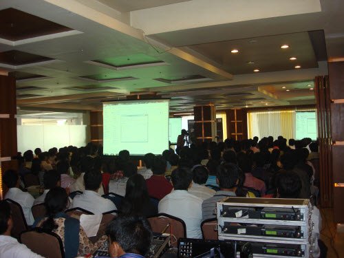 Conference attendees at tech event.