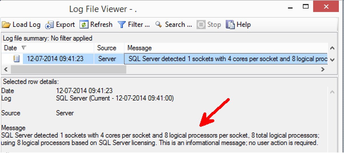 SQL server detected 1 sockets with 4 cores per socket and 8 logical processors.