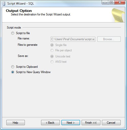 SQL Server output destination selection.