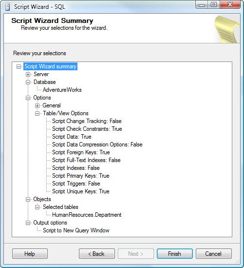 SQL Server script wizard summary.