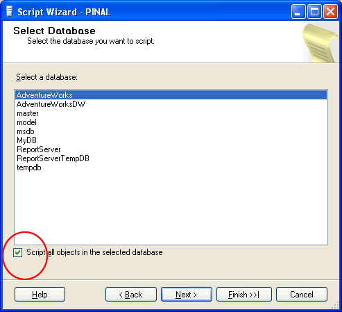 Database selection window.