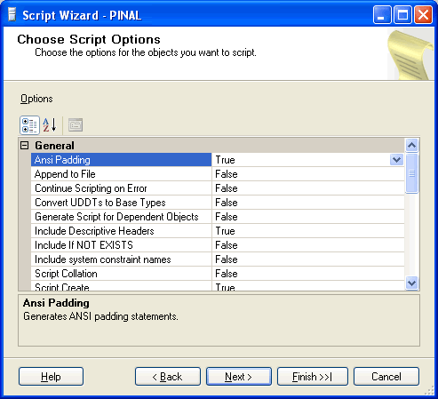 General, ANSI Paddings Options Window.