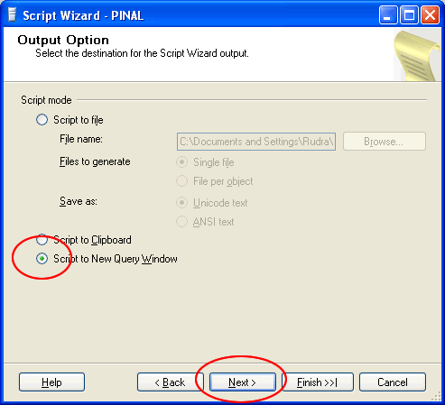 SQL Server script wizard output option.
