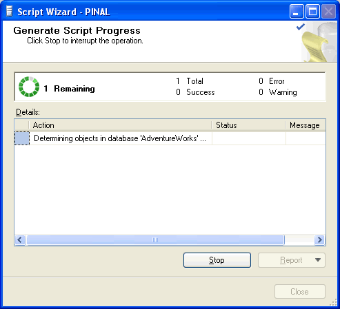 Generate Script Progress window.