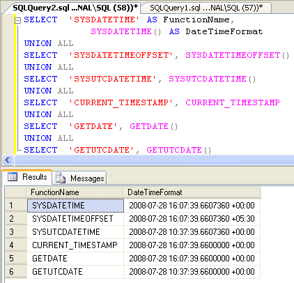 SQL Server query window with date time query.