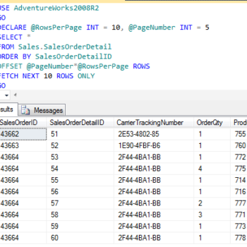 SQL Server query window with results for AdventureWorks2008R2.