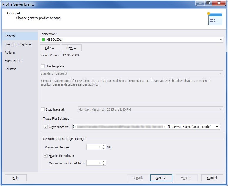 Profile Server Events window.