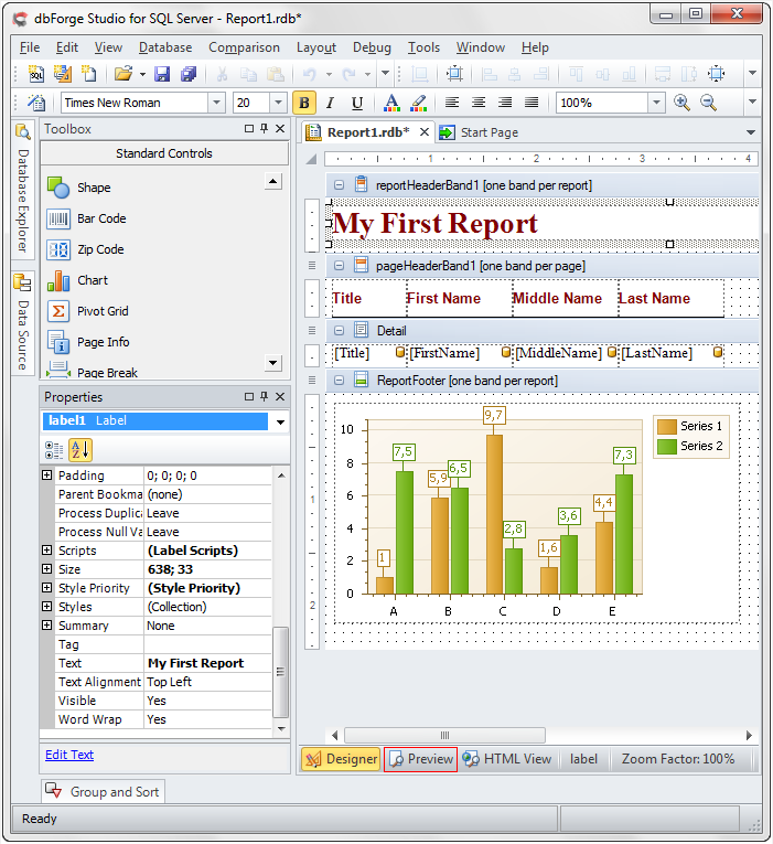 SQL Report Builder in dbForge Studio.