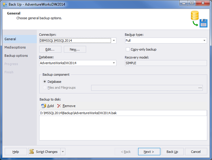 Backup options window.