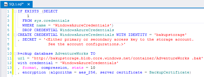 SQL query for backing up AdventureWorks database to Azure Storage.