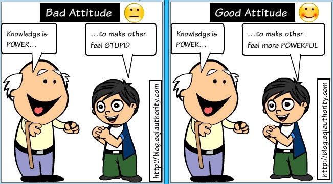 The alt text for this image could be: Cartoon comparing bad and good attitude towards knowledge in a technical context.