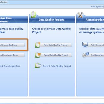 SQL Server DQS window with New Knowledge Base tab selected.