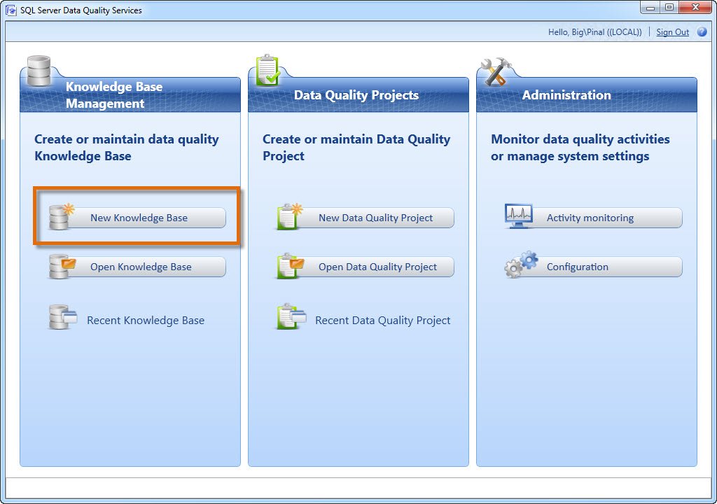 SQL Server DQS window with New Knowledge Base tab selected.