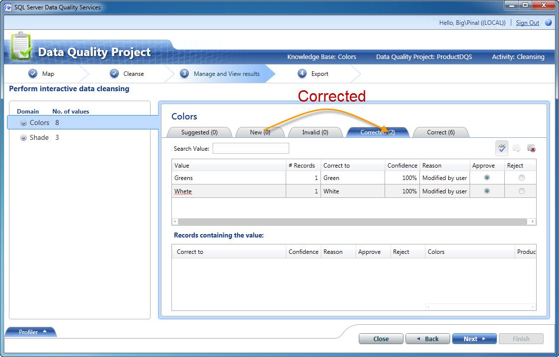 SQL Server DQS Corrected Colors window.