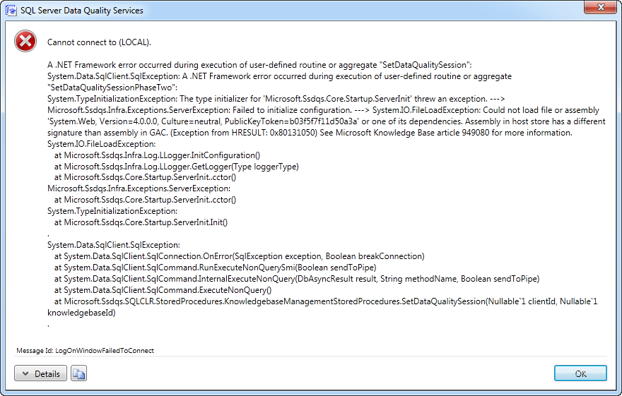 Cannot connect to SQL Server error dialog box.
