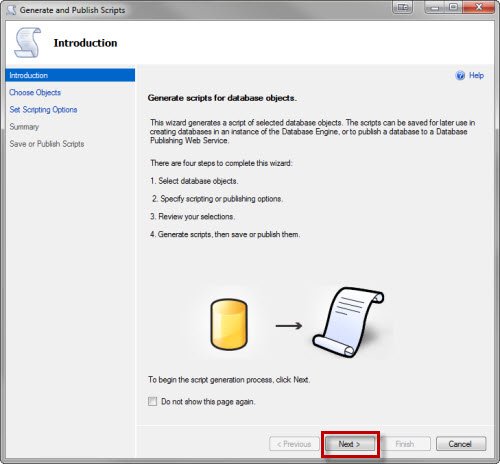Generate and publish scripts wizard.