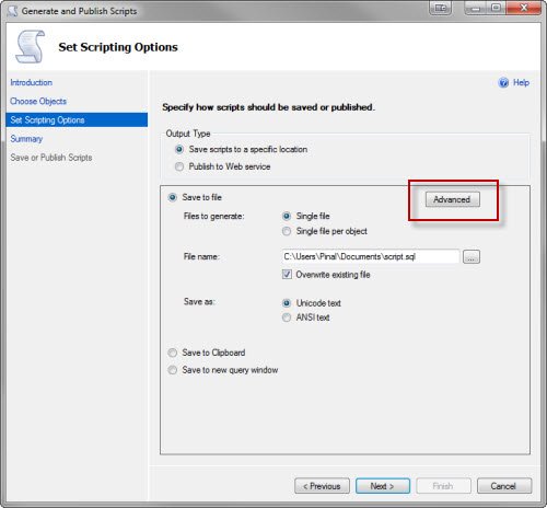 Generate & Publish Scripts Options.