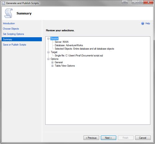 Generate and publish scripts window.