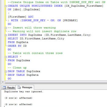 SQL Server creation of index with ignore duplicate key.