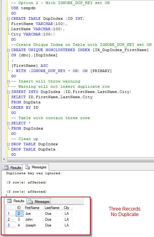 SQL Server creation of index with ignore duplicate key.