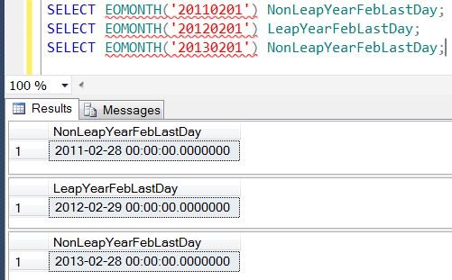 EOMONTH() query results in SQL Server Management Studio.
