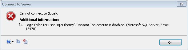 Login failed user 'sqlauthority' disabled account error.