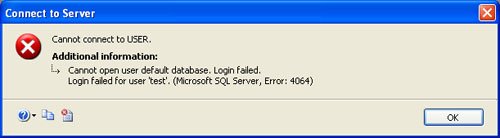 SQL Server connection error dialog box.