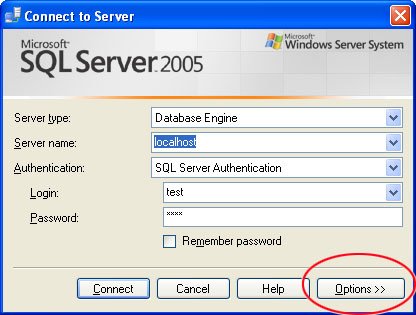SQL Server connection setup window.