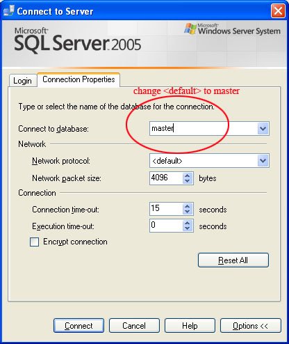 SQL Server master connection window.