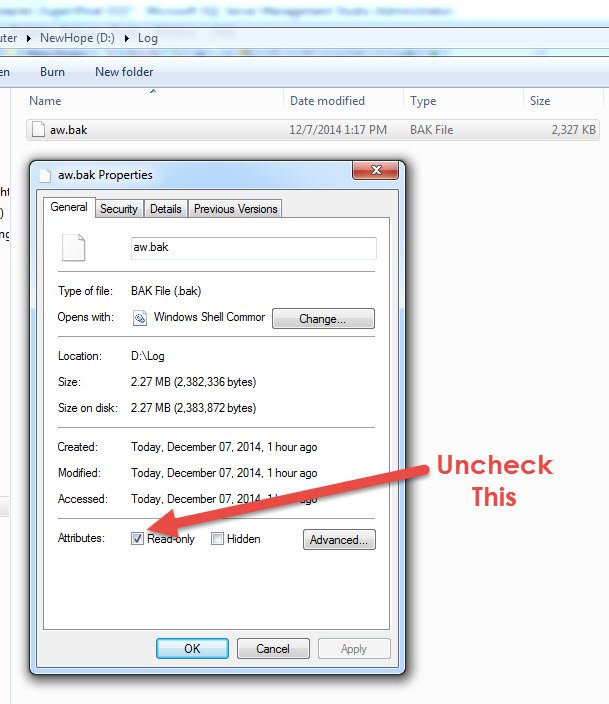A dialog box to uncheck a read-only attribute on a backup file.