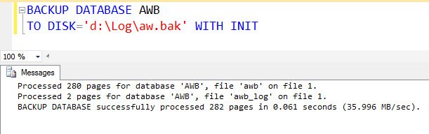 SQL Server Management Studio window displaying backup process.