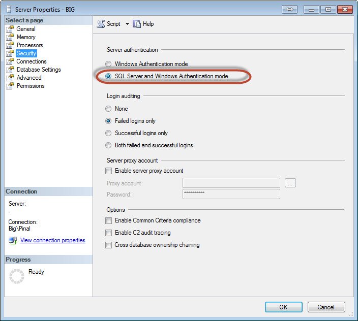 SQL Server Authentication mode.