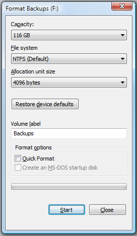 Format Backups window.