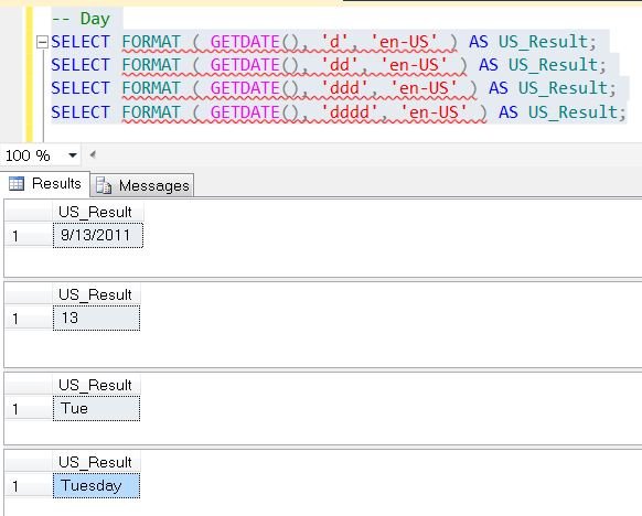 A database table with a date and corresponding day of the week.