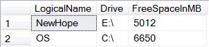 Logicalname newhope in drive e: with free space of 5012 in mb.