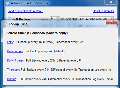 Advanced Backup Schedule window.