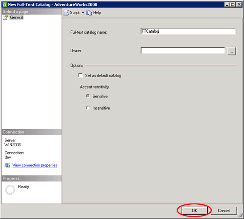 Dialog for creating a Full-Text Catalog.