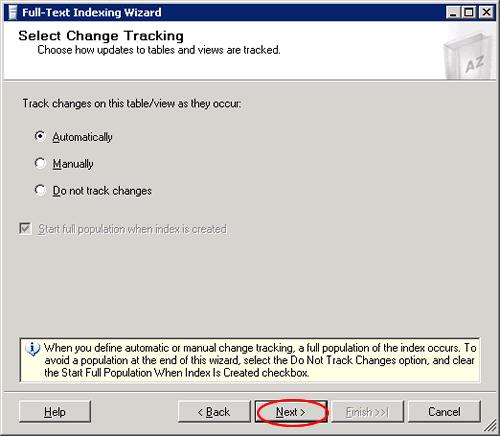 Next button in full-text indexing wizard.