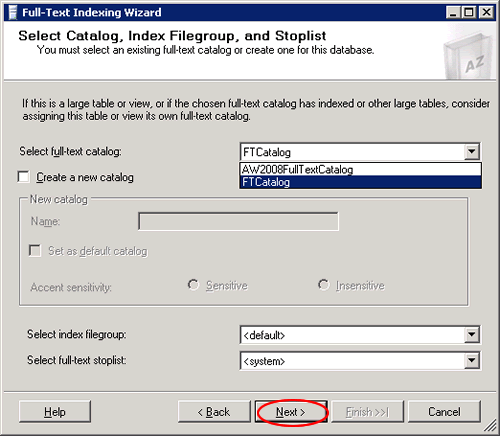 Next button in full-text indexing wizard.
