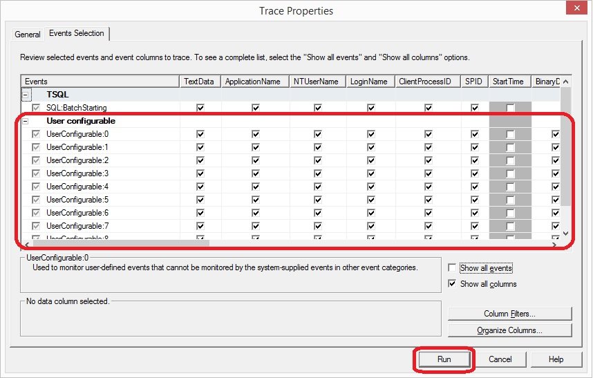 SQL Server trace properties.