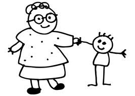 A cartoon woman holding hands with a child.