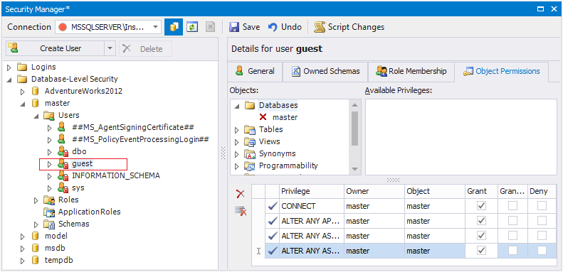 SQL server security settings.