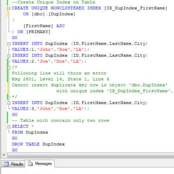 SQL error on unique index creation.