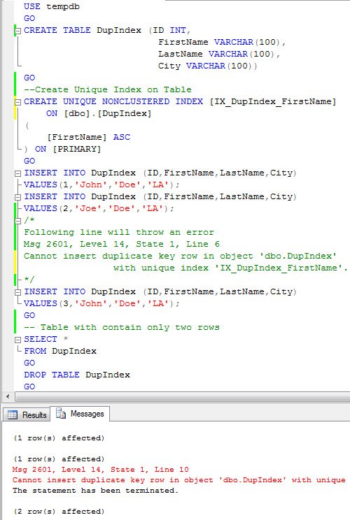 SQL error on unique index creation.