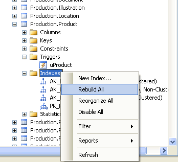 Right-clicking the 'Rebuild Index' button.