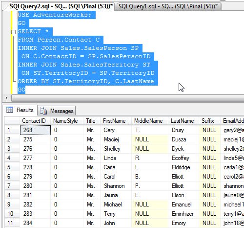 SQL Server query results window.