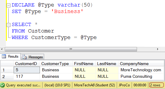 SQL Server query results window.
