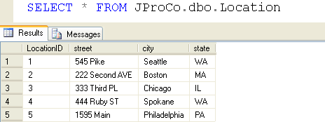 SQL Server query results.